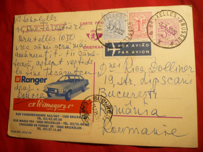 Carte Postala Belgia 1973 -cu Reclama Automobil Ranger