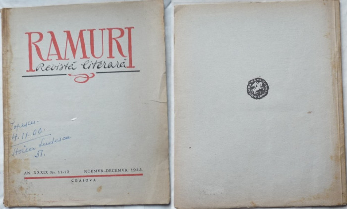 Ramuri , Revista literara . nr. 11 - 12 , 1943 , Craiova