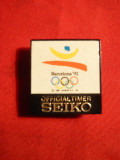 Insigna -Sponsor Oficial Jocuri Olimpice Barcelona 1992 Seiko , plastic ,2x2cm
