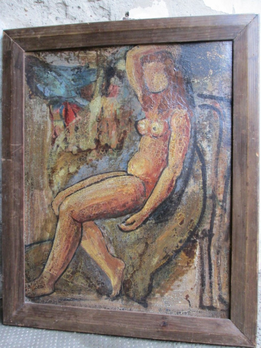 Nud sezand - pictura veche pe carton