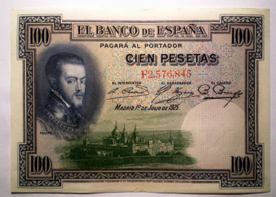 37. SPANIA FELIPE II 2X100 PESETAS 1925 SERII CONSECUTIVE VF/AUNC SR. 845-846 foto