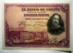 49. SPANIA VELAZQUEZ 50 PESETAS 1928 VF/AUNC SR. 963 foto