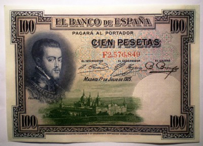 40. SPANIA FELIPE II 2X100 PESETAS 1925 SERII CONSECUTIVE VF/AUNC SR. 849-850 foto