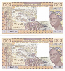 Bancnota Africa de Vest 1.000 Franci 1990 - P107Aj ( Coasta de Fildes ) UNC ( pretul este pentru 2 bancnote cu serii consecutive ) foto