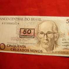 Bancnota 50 Cruzados ,supratipar cu 50 Cruzeiros Brazilia , cal. NC