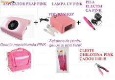 SET KIT APARATURA UNGHII FALSE : LAMPA UV 36 w PINK + FREZA/PILA UNGHII FALSE ELECTRICA PINK+ ASPIRATOR UNGHII FALSE PINK+ GEANTA PINK + PENSULE ACRIL foto