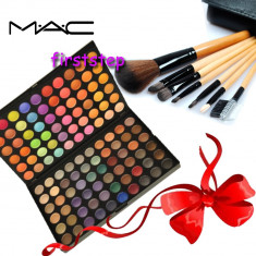 Trusa machiaj profesionala 120 culori MAC + set 7 pensule make-up cu borseta foto