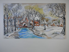 Tablou &amp;quot;Iarna in sat&amp;quot; pictat in culori acrilice pe panza din bumbac (peisaj de iarna) - livrare gratuita foto