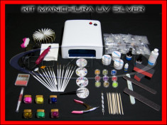 KIT SET UNGHII FALSE GEL UV MANICHIURA - VARIANTA SILVER - INCLUDE LAMPA 36W, PILA ELECTRICA, PENSULE, GELURI COLOR, PAIETE - PRET MINIM, CALITATE MAX foto