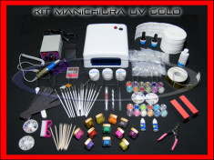 KIT SET UNGHII FALSE GEL UV MANICHIURA - VARIANTA GOLD - INCLUDE LAMPA 36W, PILA ELECTRICA PROFESIONALA, GELURI COLOR, PENSULE - PRET MINIM, CALITATE foto