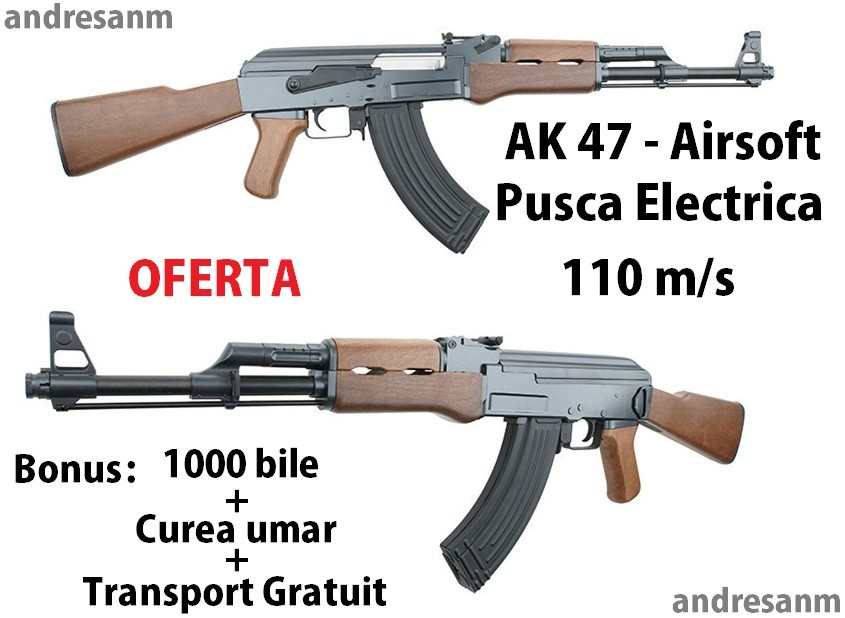 Pusca Electrica Full Automata AK-47 Airsoft - aer comprimat - 110 m/s +  1000 bile + transport gratuit | arhiva Okazii.ro