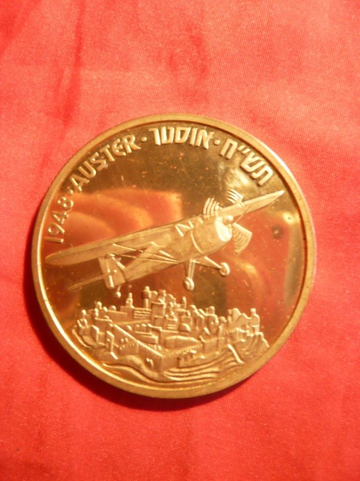 Placheta Avion Auster - Israel , bronz aurit cu insertie argint , 2001 , d= 5 cm