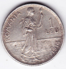 2.Romania,1 LEU 1914,argint,muchia dreapta,monetaria Bruxelles foto