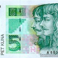 CROATIA █ bancnota █ 5 Kuna █ 1993 █ P-28 █ UNC █ necirculate