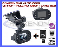 CARD 8GB + CAMERA VIDEO DVR C600 AUTO CU INREGISTRARE FULL HD 1080p CICLICA - DISPLAY 1,5 INCH, 12 LED INFRAROSU, SENZOR MISCARE, MARTOR ACCIDENT foto
