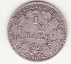 (2) MONEDA DIN ARGINT GERMANIA - 1/2 MARK 1905, LITERA D, GREUTATE 2.777 GRAME, PURITATE 900 foto