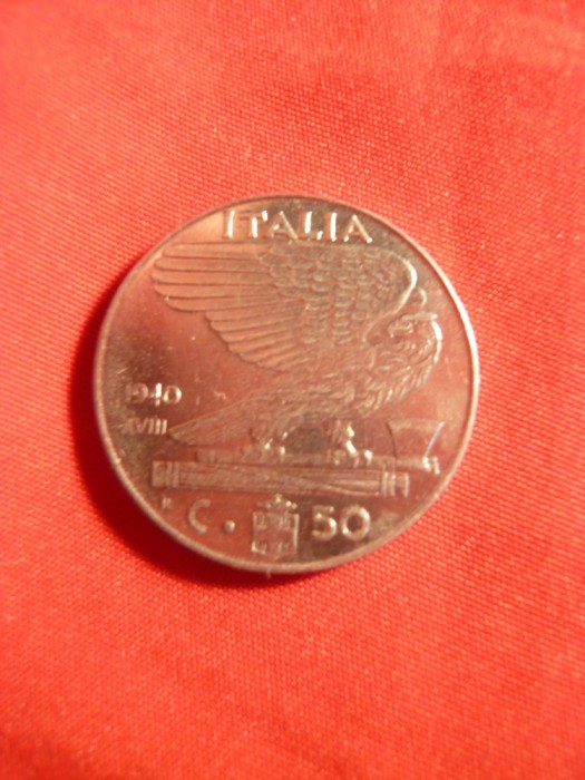 Moneda 50 C Italia 1940 -XVIII ,Victor Emanuel , otel magnetic , cal.NC -margine dintata