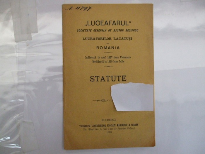 Societate ajutor reciproc a lucratorilor lacatusi LUCEAFARUL Bucuresti 1899