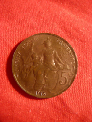 Moneda 5 C 1913 Franta , bronz ,cal. apr.NC , luciu batere foto