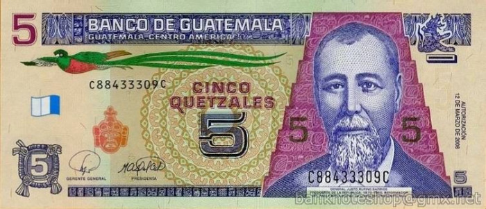 GUATEMALA █ bancnota █ 5 Quetzales █ 2008 █ P-116 █ UNC █ necirculata