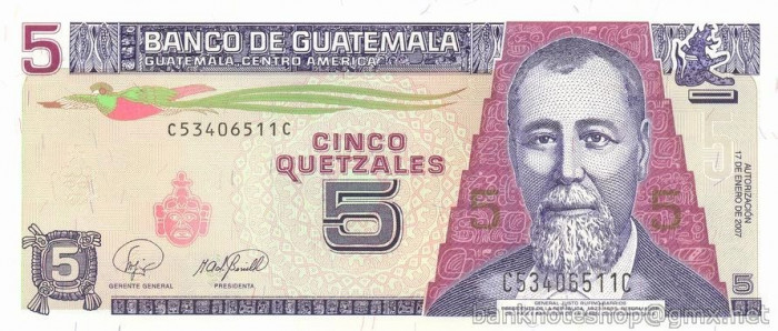 GUATEMALA █ bancnota █ 5 Quetzales █ 2007 █ P-106c █ UNC █ necirculata