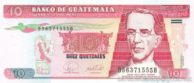 GUATEMALA █ bancnota █ 10 Quetzales █ 2007 █ P-111b █ UNC █ necirculata foto