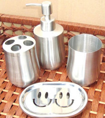 Set baie inox cu suport sapun,dozator, pahare apa si periute, inox foto