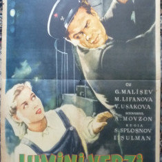 Afisul filmului sovietic Lumini verzi , editat dupa desen color din 1957 , afis