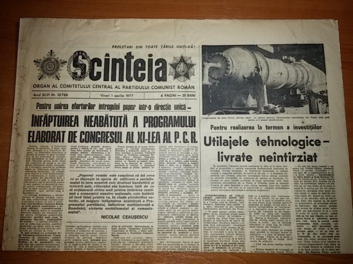 ziarul scanteia 1 aprilie 1977&quot; taranimea ,forta de baza a progresului social &quot;
