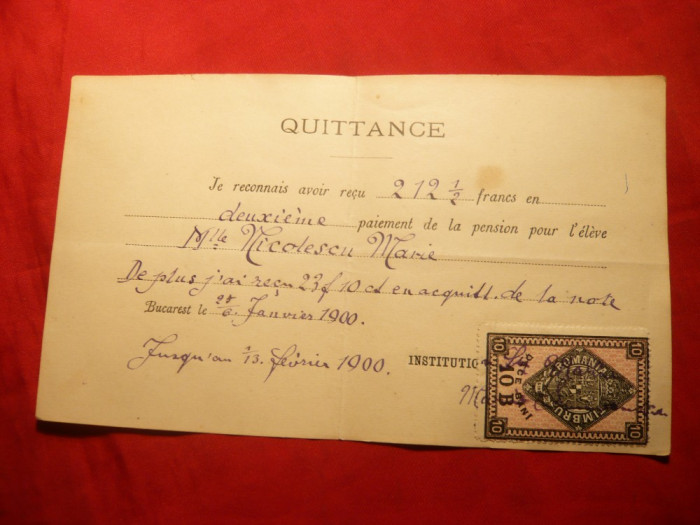 Chitanta de plata Pension in Bucuresti 1900,Timbru Fiscal 10 Bani ,cifra 10 departata de B