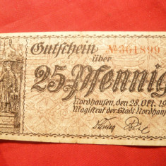 Bancnota Notgeld 25 Pf. Nordhaufen 1919 , Germania , locale