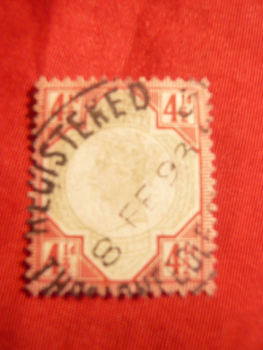 Timbru 4 1/2 Pence rosu si verde 1892 ,Regina Victoria ,Anglia , stamp.