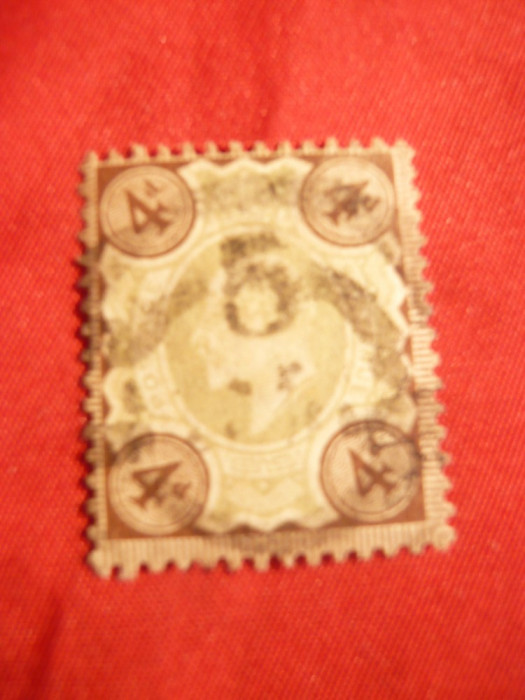 Timbru 4 Pence brun-violet si verde1902 ,Eduard VII ,Anglia , stamp.