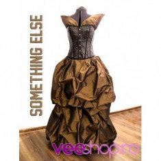 Rochie de ocazie cu corset din piele, rochie cu capete de scheleti si fusta voluminoasa - Culoare: Maro (cod produs: Something Else (CU0119)) foto