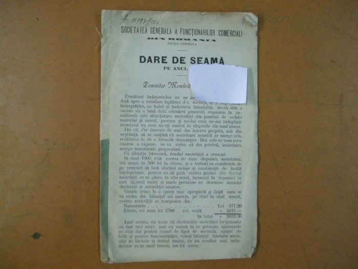 Dare de seama societatea generala a functionarilor comerciali Bucuresti 1903