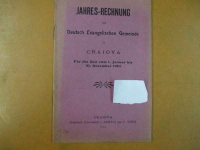 Jahres - Rechnung der Deutsch Evangelischen Gemeinde zu Craiova fur 1910 foto