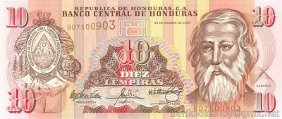 HONDURAS █ bancnota █ 10 Lempiras █ 2004 █ P-86c █ UNC █ necirculata foto