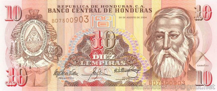 HONDURAS █ bancnota █ 10 Lempiras █ 2004 █ P-86c █ UNC █ necirculata