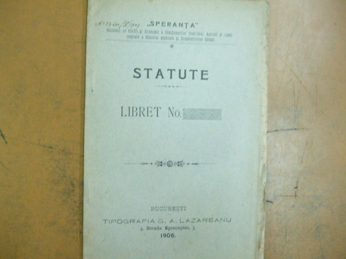 Statute soc. de credit si ec. a functionarilor creditului agricol Speranta 1906