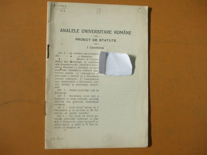 Analele universitare romane proect de statute 1912