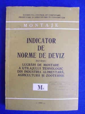 INDICATOR DE NORME DE DEVIZ PENTRU LUCRARI DE MONTARE A UTILAJULUI TEHNOLOGIC DIN INDUSTRIA ALIMENTARA,AGRICULTURA SI ZOOTEHNIE ( M6 ) - 1981 foto