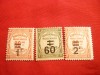 Set 3 Timbre Postale Taxe 60 C verde ,1Fr rosu si 2 Fr 1917 Franta ,nestamp. ,sarniera