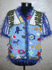 Jacheta &amp;quot;Acvariu&amp;quot;, cardigan handmade, jacheta unicat, cardigan lucrat manual decorat cu aplicatii crosetate si margele, transport gratuit prin posta foto