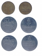 Set 3 monede Slovacia de 1 si 5 Koruna 1993 foto