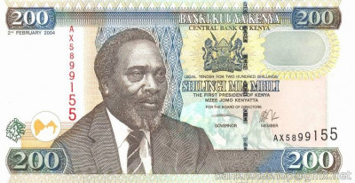KENYA █ bancnota █ 200 Shillings █ 2004 █ P-43a █ UNC █ necirculata foto