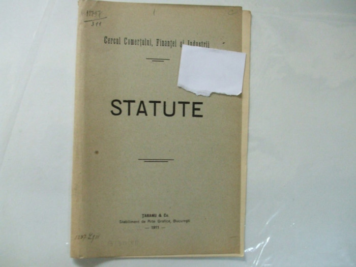 Statute cercul comertului, finantei si industrii Bucuresti 1911