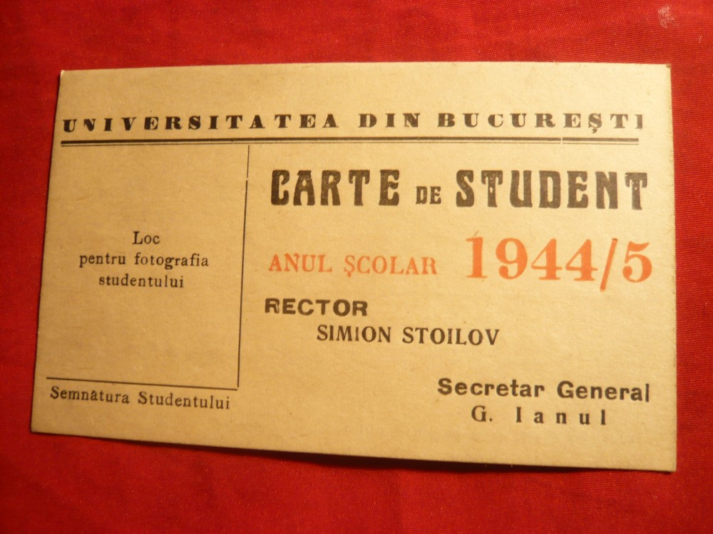 Carte de Student 1944- Universitatea Bucuresti -Facultatea Stiinte |  Okazii.ro