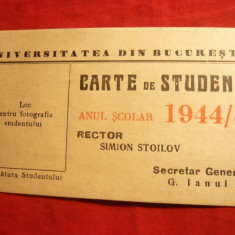Carte de Student 1944- Universitatea Bucuresti -Facultatea Stiinte