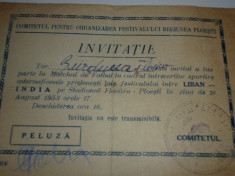 Invitatie meci fotbal (pt. colectionari) 10.08.1953 LIBAN - INDIA disputat la Ploiesti pe stadionul Flacara foto