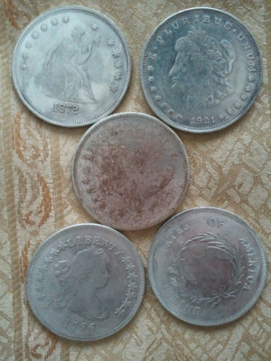 Lot 5 monede S.U.A.1796-1921, diametrul 45 mm, 1000 roni lotul, taxele postale zero/separat 300 roni moneda foto